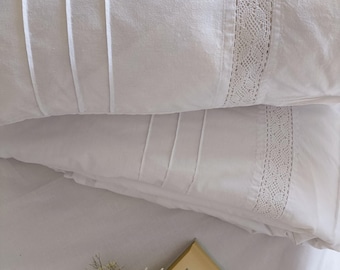 white pure cotton double single king size  bed linen set with lace cotton rustic style elegant classik style hand made gift , customer size