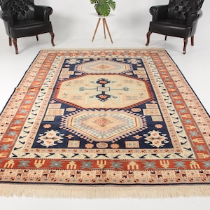 7x10 Large Rugs, Vintage Rug, Turkish Rug, Anatolian Rug, Rugs For Dining Room, 6.8x9.8 ft Blue Rug, Long Pile Wool Rug, Rare Oushak Rug