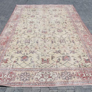 Vintage Turkish Rug, Cream and Red Floral Design, 7x11ft Area Rug, Unique Traditional Pattern