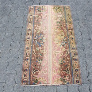Vintage Turkish Rug, Floral Pattern, Colorful Pink and Blue Design, Handmade Wool, 2x4ft Door Mat, Elegant Home Decor