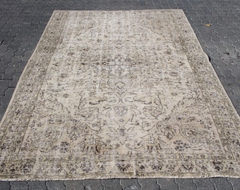 Turkish Rug, Vintage Rug, 6x9 Large Rug, Antique Rug, Rugs For Bedroom, 5.9x8.1 ft Brown Rug, Neutral Vintage Oushak Rug, Large Oushak Rug