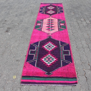 Vintage Turkish Runner, Pink Rug, 3x11ft, Tribal Anatolian Carpet, Wool Hallway Rug, Unique Handwoven Floor Decor, Traditional Turkish Rug