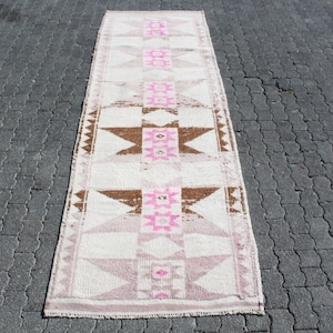 Vintage Turkish Runner Rug, 3x10ft, 100x319cm, Handmade Anatolian Carpet, Pink and Brown Bohemian Decor, Hallway Rug, Unique Kilim Accessory