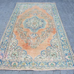 Vintage Turkish Rug, 5x8ft Area Rug, Oushak Carpet, 142x258cm Orange Medallion Design, Handmade Wool Rug, Living Room Decor