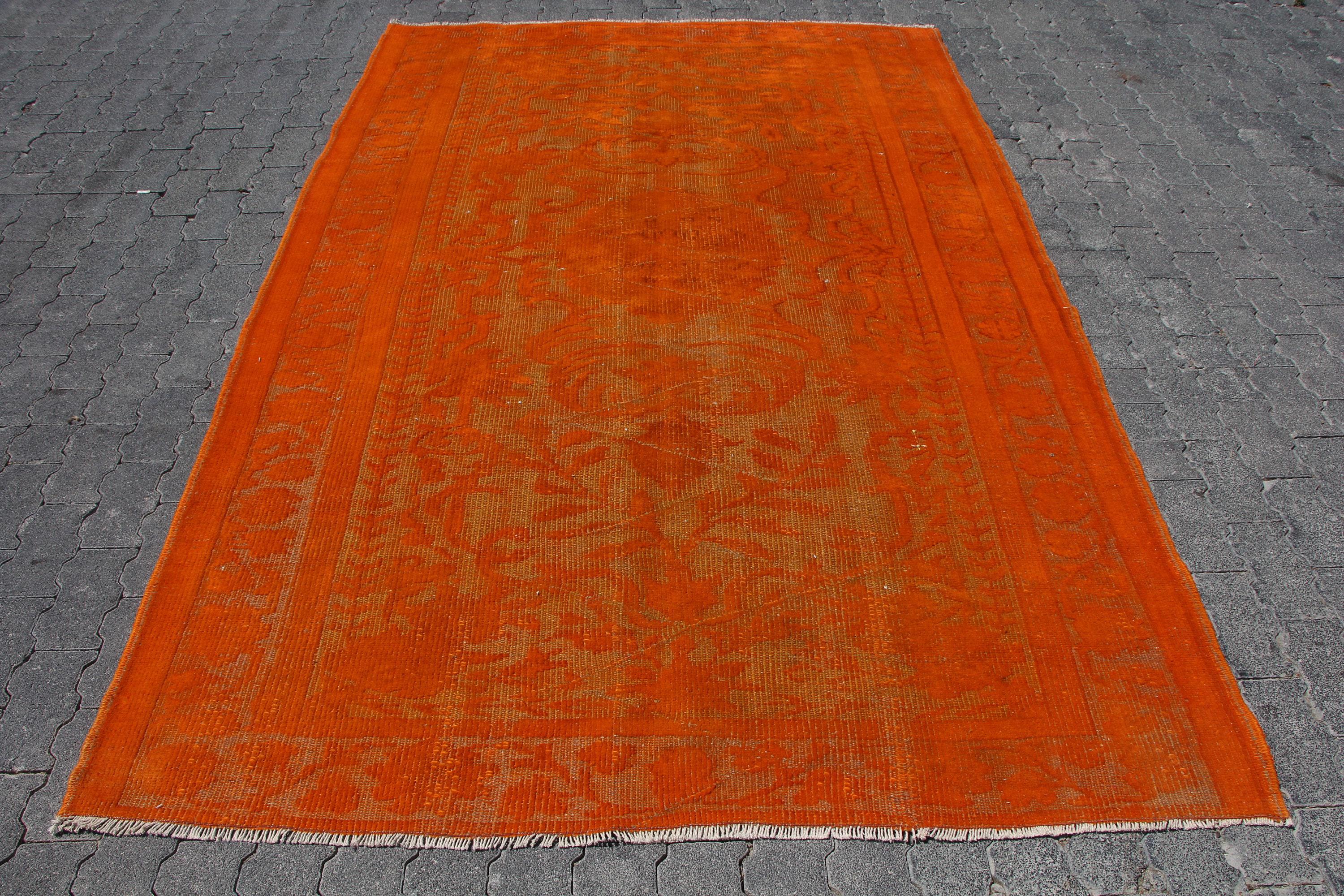 Vintage Turkish Area Rug, 6x9ft, Vibrant Orange Tones, Intricate Floral Patterns, Handwoven Home Decor, Unique Textured Carpet