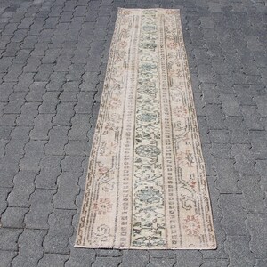 Vintage Turkish Runner Rug, Pastel Tones, Geometric Pattern, 2x7ft, Elegant Hallway Décor, Soft Traditional Design