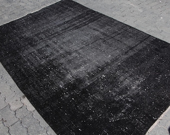 Vintage Black Turkish Area Rug, Elegant Handmade Carpet, Unique Distressed Pattern, 6x8ft, Authentic Decor, Bohemian Style
