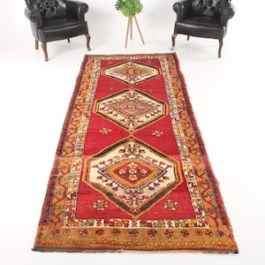 Alfombra de pasillo vintage de 4,1 x 10,5 pies, alfombra turca roja lisa.