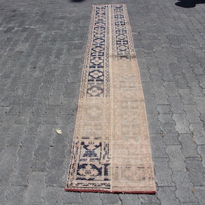 Vintage Turkish Runner Rug, Geometric Floral Pattern, Navy and Beige, 2x11ft, Handcrafted Hallway Decor
