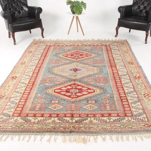 Turkish Rug, Vintage Rug, 7x8 Large Rugs, Long Pile Anatolian Rug, Rugs For Salon, 6.7x8.5 ft Blue Rug, Wool Rare Rug, Organic Dowry Rug,