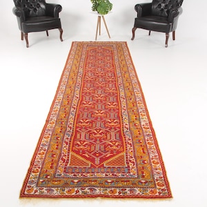 Alfombra vintage de 3,3 x 11,8 pies, alfombra turca tipo pasillo, alfombra degradada roja y amarilla.