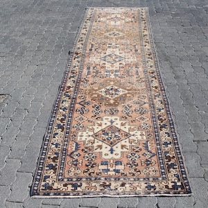 3.2x10.6 ft Turkish Rug, Runner Vintage Rug, Blue Animal Print Rug