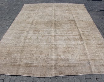 Vintage Turkish Rug, Beige Tones with Subtle Patterns, Handcrafted Area Carpet, 10x13ft, Timeless Home Decor Rug