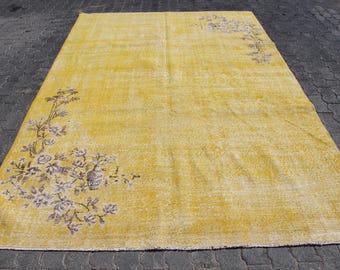 Yellow Turkish Rug, 6x10 ft, Vintage Floral Carpet, Anatolian Rug, Large Oushak Rugs, Wool Area Rug, Decorative Floor Mat