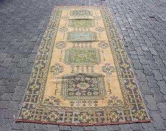 4x10 Large Rugs, Vintage Rug, Turkish Rug, Antique Rug, Rugs For Dining Room, 4.1x10 ft Green Rug, Hand-Knotted Wool Rug, Decorative Rug