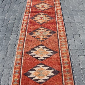Turkisk 7,3 x 3 meter matta, löpmatta i vintagestil, rödbrun lapptäcksmatta i ull