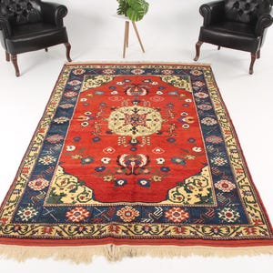 トルコ絨毯、大型5.6×8.6フィート絨毯、赤色無地絨毯