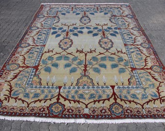 Turkish Area Rug 9x13ft, Floral Design, Rich Red and Blue Patterns, Vintage Look, Handwoven Artistry, Elegant Home Decor