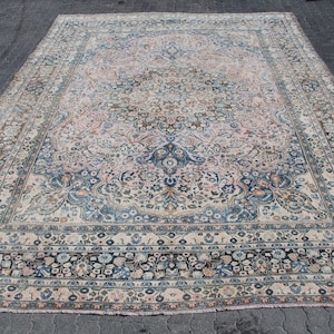 Turkish Rug, 10x13ft Oversize Rugs, Vintage Rug, Decorative Oushak Rug, Rugs For Living Room, Blue Floral Rug, Organic Rug, Bedroom Decor