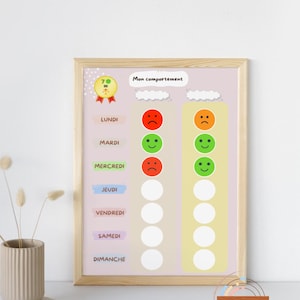 Peut inclure: Un tableau de comportement encadré avec le texte "Mon comportement" et les jours de la semaine. Le tableau présente des smileys indiquant les humeurs, avec un code couleur rose et jaune. Le logo "Maya KIDS.FR" est en bas à droite.