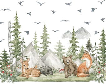 4 Sheet of 12x36 inch Giant Mountain Forest Tree Wall Decal Woodland Deer Bear Fox Birds Wall Stickers 3D DIY Peel and Stick Jungle Animal