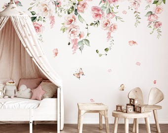 Spring Large Pink Flower Wall Decals Hanging Vine Floral Wall Stickers Baby Nursery Girls Bedroom Living Room Wall Decor