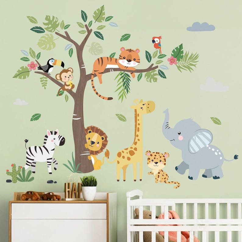 Jungle Animals Tree Wall Decals Elephant Giraffe Lion Safari Wall ...