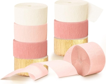Pink & Gold Crepe Paper Streamers: Party Decorations, 8 Rolls