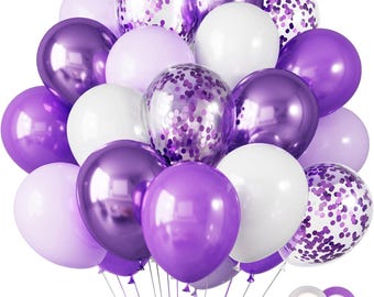 65 Pcs 12 Inches Lavender Purple Balloons, Purple Metallic and Confetti Balloons for Valentine's Day, Baby Shower, Girls Birthday, Wedding