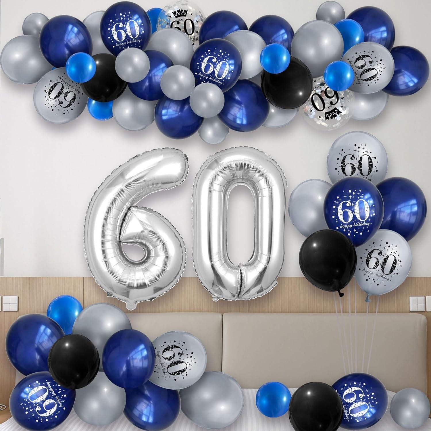 60th Birthday Party Decorations Navy Blue Silver Happy 60th Birthday ...