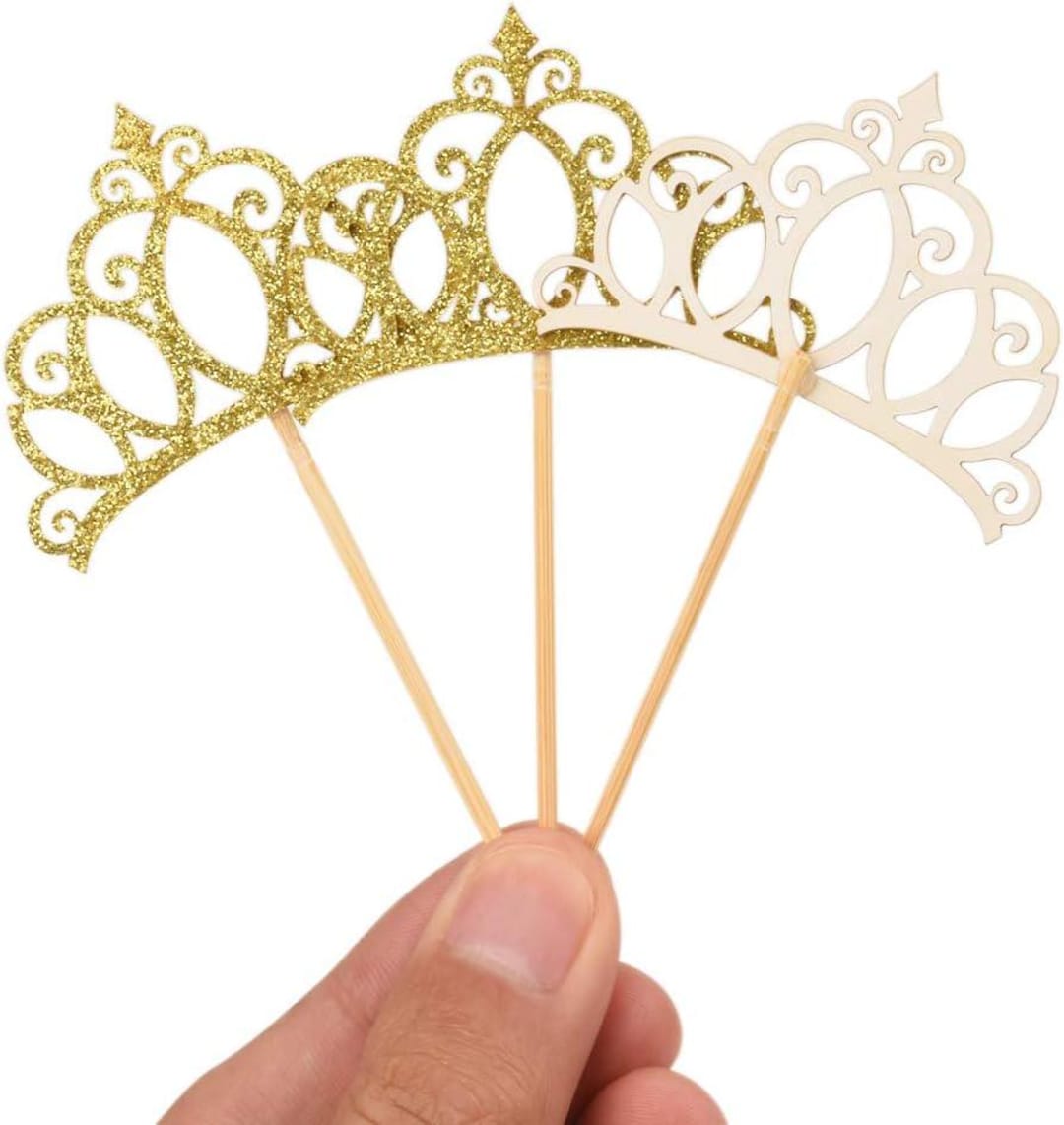 48 Pieces Gold Glitter Princess Crown Cupcake Toppers Picks for ...