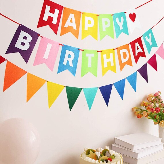 Happy Birthday Banner Mit 12 Wimpeln – Bunt, Goldene Buchstaben, DIY-Deko Für Kinderparty