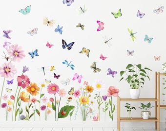 Flowers Butterflies Wall Decals Dragonflies Rose Botanical Wall Stickers Fairy Decals PVC Removable Wall Art Decals Bedroom Nursery Decor