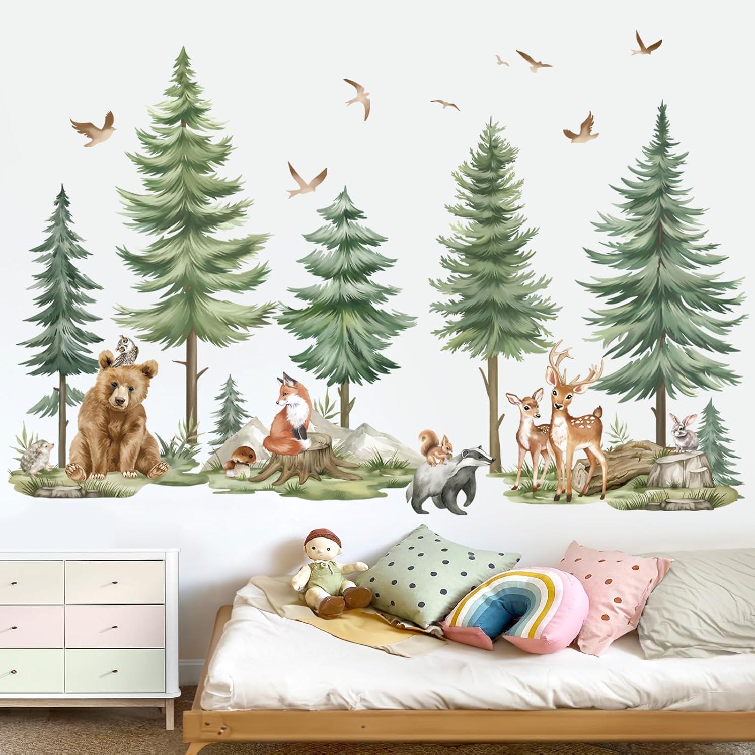 Mountain Tree Wall Stickers Large Pine Tree Forest Animals Bear Deer ...
