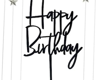 Black Acrylic Happy Birthday Cake Topper with Silver Star Cupcake Toppers