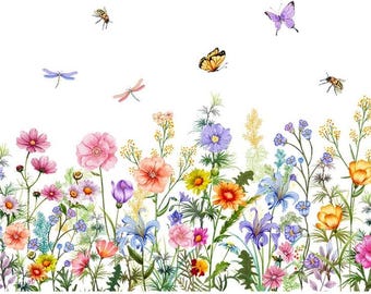 Colorful Floral Wall Decals Wildflowers Flower Wall Stickers Butterfly Green Plant Wall Mural Peel and Stick Flowers Wall Decor DIY