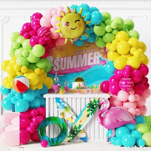 140Pc Flamingo Tropical Balloon Arch Garland Kit with Beach Ball Sun Flamingo Foil Balloons for Summer Beach Party Decorations Pool Birthday