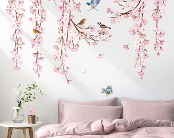 Cherry Blossom Flower Vine Wall Decals Hanging Floral Tree Branch Birds Wall Stickers Living Room Bedroom Office Wall Decor