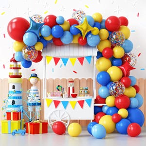 Carnival Circus Balloon Garland Arch Kit, 120pcs Red Blue Yellow Primary Color Balloons Rainbow Multicolor Confetti and Star Foil Balloons