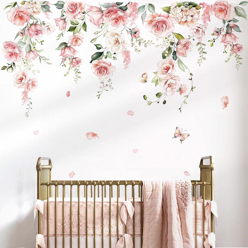 Spring Large Pink Flower Wall Decals Hanging Vine Floral Wall Stickers ...