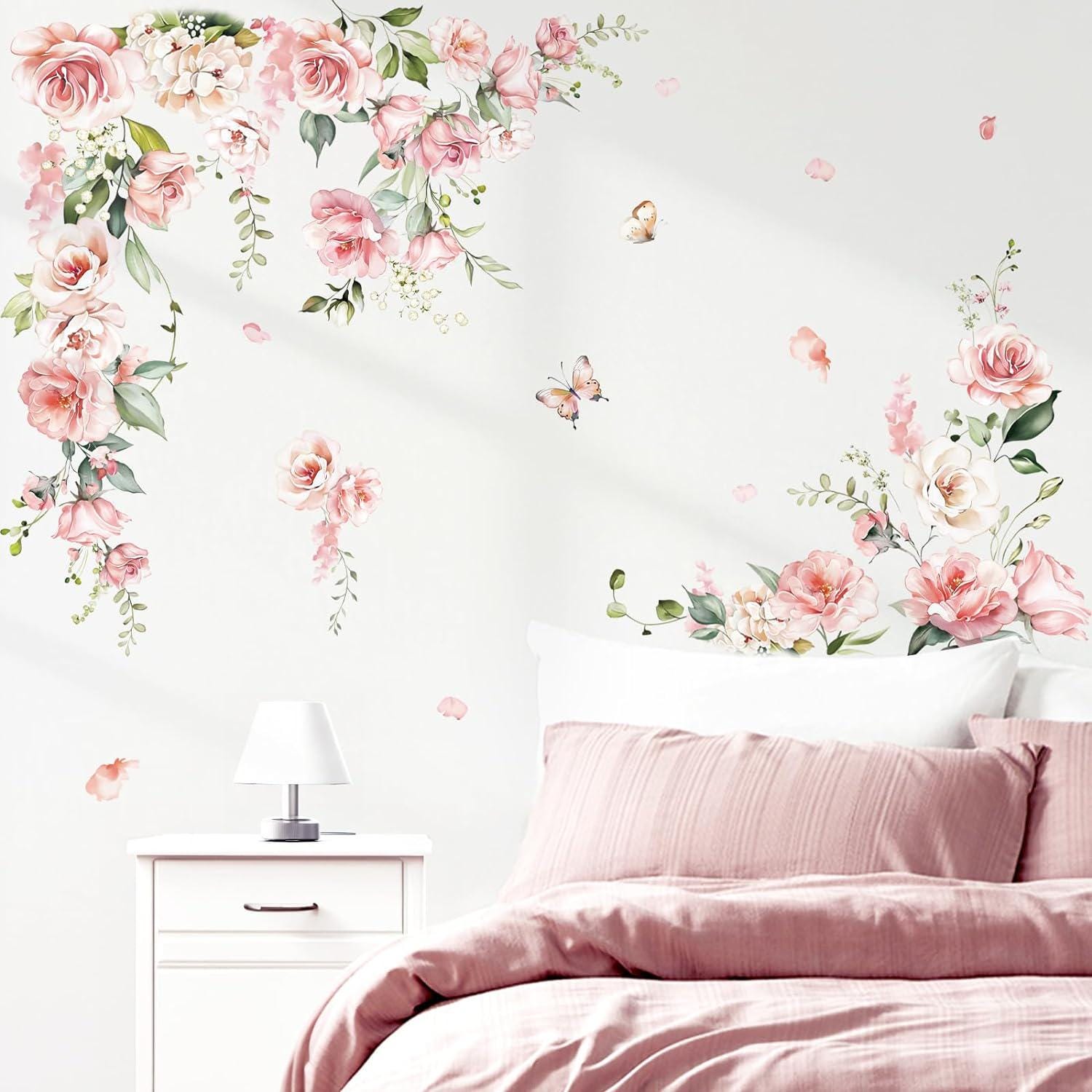 Spring Large Pink Flower Wall Decals Hanging Vine Floral Wall Stickers ...