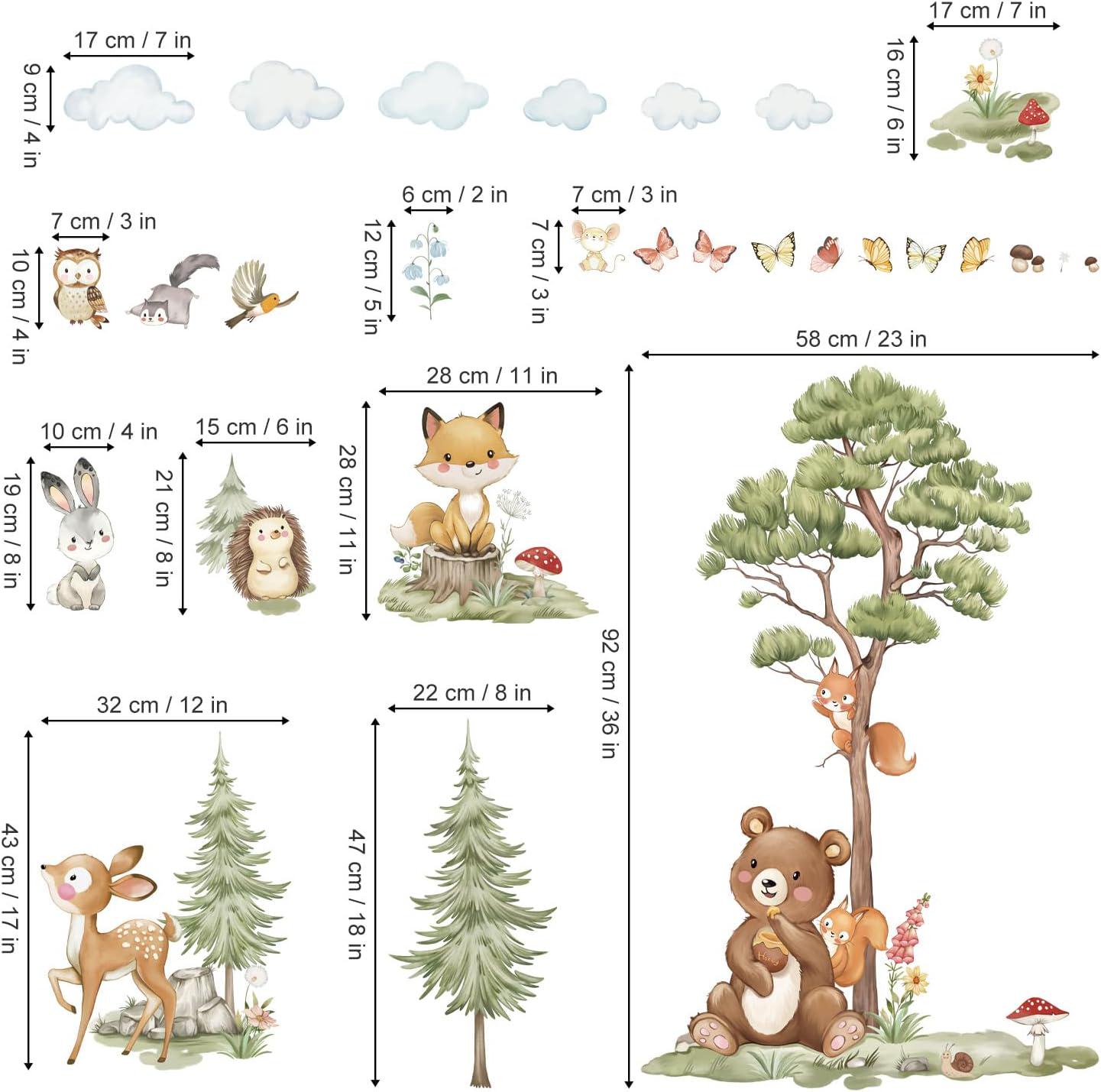 Woodland Animals Wall Stickers Large Pine Tree Forest Bear Deer Fox ...