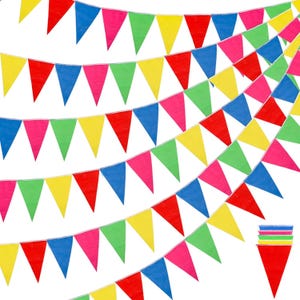 May include: Colorful triangular pennant flags in red, pink, yellow, green, and blue are strung together in a festive display. The flags are arranged in a layered pattern, creating a vibrant and eye-catching visual.
