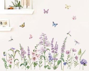 Purple Lavender Flowers Wall Corner Stickers Garden Floral Butterflies Baseboard Skirting Line Wall Decals for Living Room Bedroom
