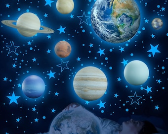 Glow in The Dark Stars Solar System Wall Decals, The Earth Wall Stickers for Bedroom, Baby Nursery Planets Sticker Decor for Ceiling (Blue)