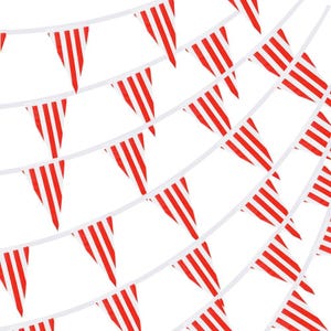 May include: A close-up of red and white striped pennant flags strung together on white string. The triangular flags are arranged in rows, creating a festive and decorative display. The flags are a bright red with white stripes.