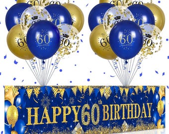 Blue Gold 60th Birthday Decorations for Men Women, Navy Blue Gold Happy 60th Birthday Yard Banner Latex Inflatable Clear Confetti Balloons