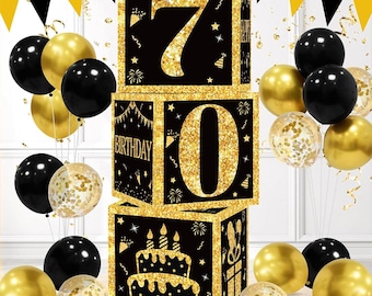 70th Birthday Decorations Boxes for Men- 3PCS Black Gold Happy 70th Birthday Balloons Boxes, 70 Year Old Party Supplies