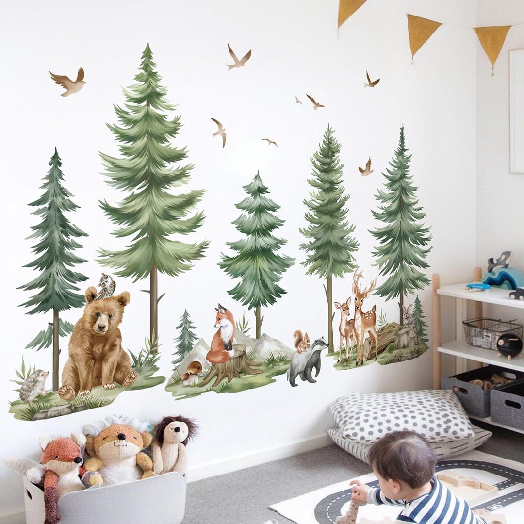 Mountain Tree Wall Stickers Large Pine Tree Forest Animals Bear Deer ...