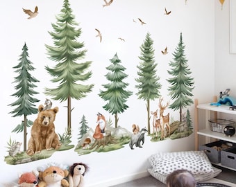 Mountain Tree Wall Stickers Large Pine Tree Forest Animals Bear Deer Peel and Stick Wall Art Decals for Kids Bedroom Baby Nursery